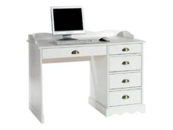 Bureau COLETTE Rangement Avec 5 Tiroirs Et Plateau Avec Corniche, En Pin Massif Lasuré Blanc