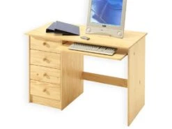 Bureau Enfant Multi Rangements MALTE, Tiroirs Et Support Clavier Pin Massif Vernis Naturel