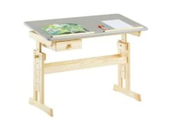 Bureau Enfant FLEXI Table à Dessin Réglable En Hauteur Et Pupitre Inclinable Avec 1 Tiroir, En Pin Massif Vernis Naturel Et Gris