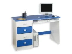 Bureau Enfant Multi Rangements MALTE, Tiroirs Et Support Clavier Pin Massif Lasuré Blanc Bleu