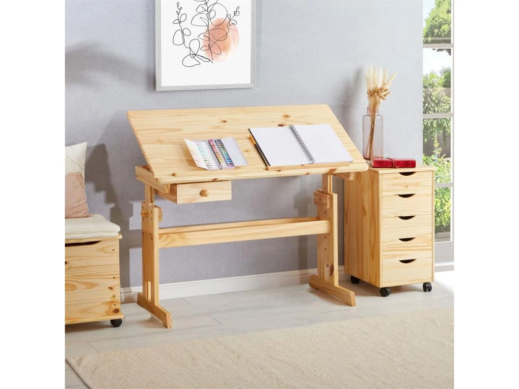 Bureau Enfant écolier Junior FLEXI Table à Dessin Réglable En Hauteur Et Pupitre Inclinable Avec 1tiroir En Pin Massif Vernis Nature – Image 2