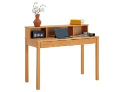 Bureau LENNOX Avec Rangement 2 Tiroirs Et 3 Niches, En Pin Massif Lasuré Brun