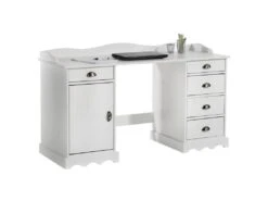 Bureau SANDRINE Multi Rangements 5 Tiroirs Et 1 Placard Avec Corniche En Pin Massif Lasuré Blanc