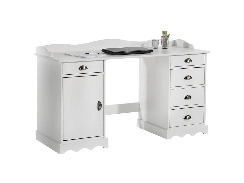 Bureau SANDRINE Multi Rangements 5 Tiroirs Et 1 Placard Avec Corniche En Pin Massif Lasuré Blanc
