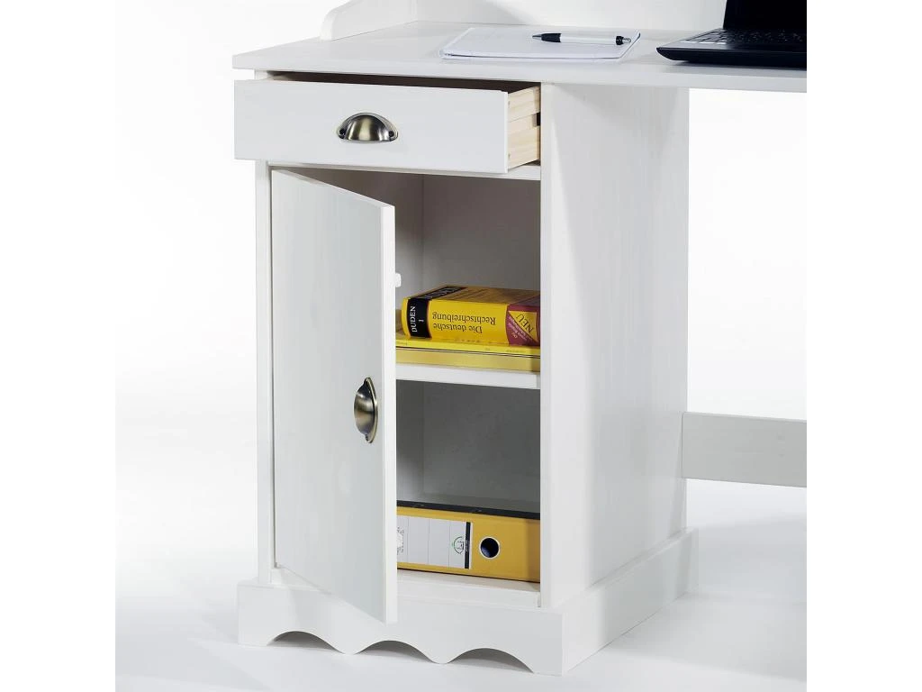 Bureau SANDRINE Multi Rangements 5 Tiroirs Et 1 Placard Avec Corniche En Pin Massif Lasuré Blanc – Image 2