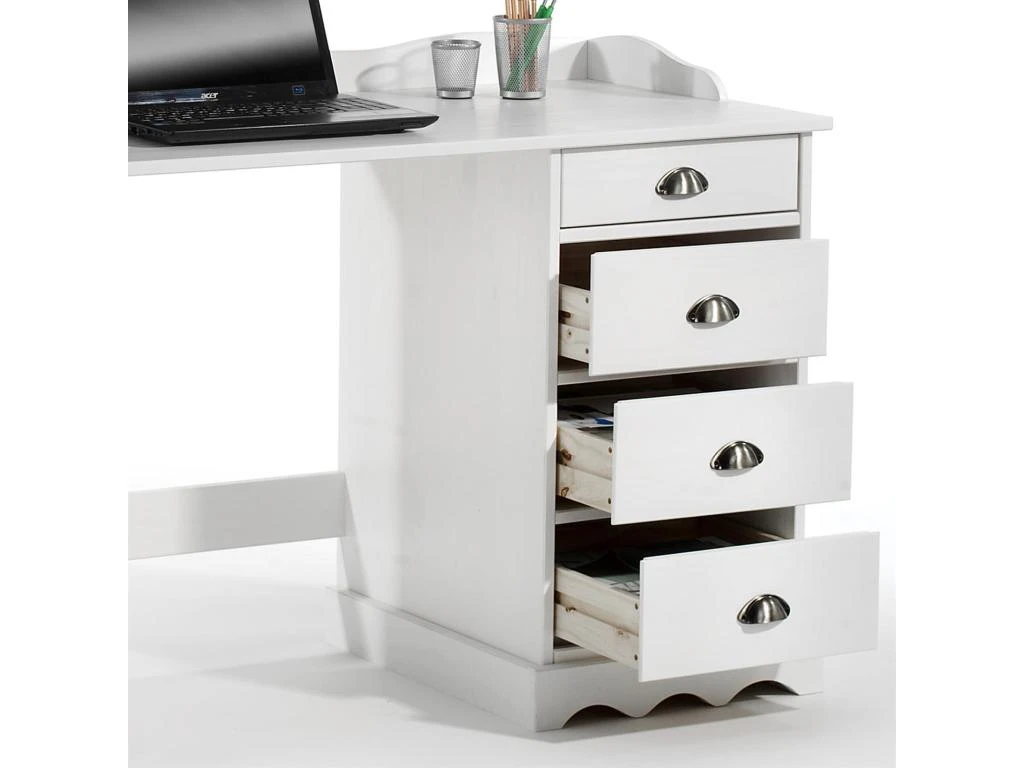 Bureau SANDRINE Multi Rangements 5 Tiroirs Et 1 Placard Avec Corniche En Pin Massif Lasuré Blanc – Image 3