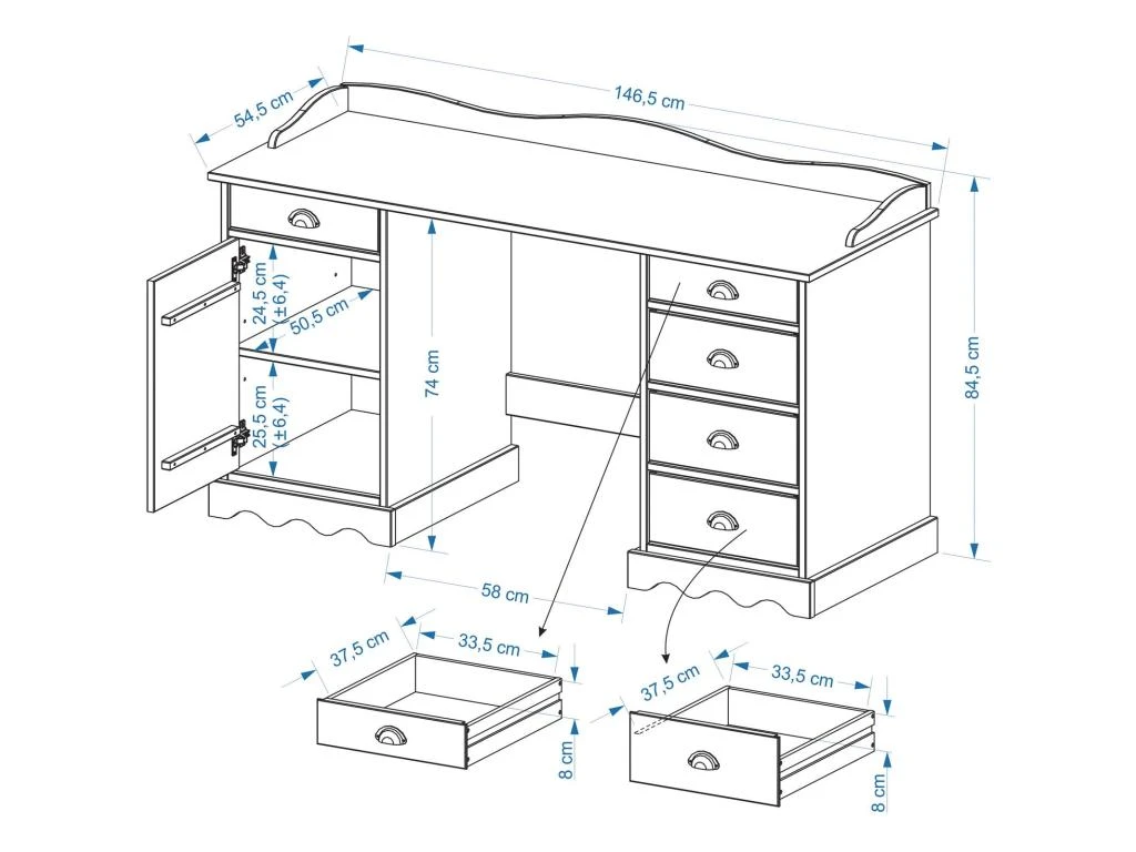 Bureau SANDRINE Multi Rangements 5 Tiroirs Et 1 Placard Avec Corniche En Pin Massif Lasuré Blanc – Image 4