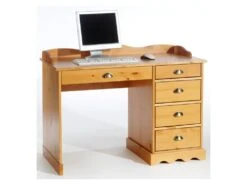 Bureau COLETTE Rangement Avec 5 Tiroirs Et Plateau Avec Corniche, En Pin Massif Lasuré Couleur Miel