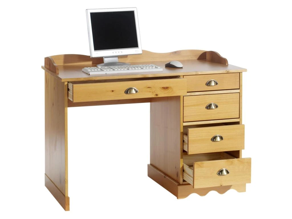 Bureau COLETTE Rangement Avec 5 Tiroirs Et Plateau Avec Corniche, En Pin Massif Lasuré Couleur Miel – Image 2