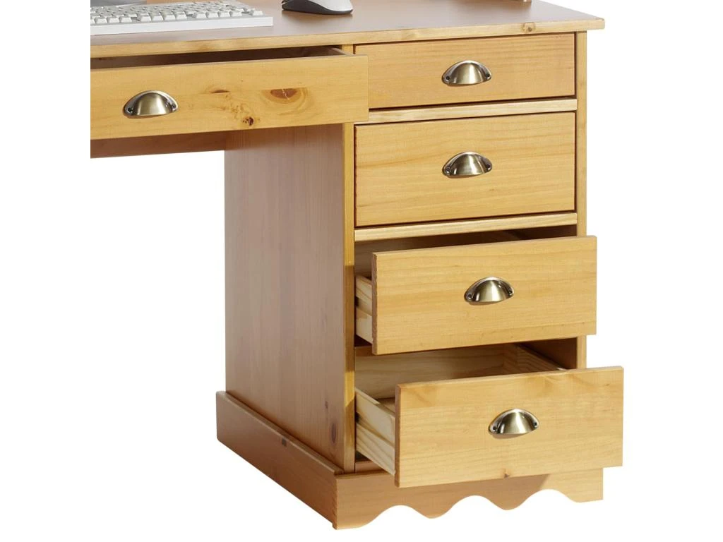 Bureau COLETTE Rangement Avec 5 Tiroirs Et Plateau Avec Corniche, En Pin Massif Lasuré Couleur Miel – Image 3