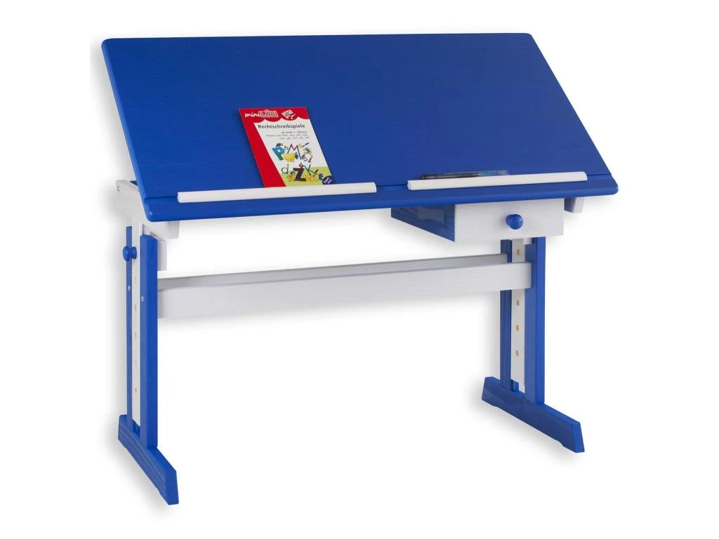 Bureau Enfant écolier Junior FLEXI Table à Dessin Réglable En Hauteur Et Pupitre Inclinable Avec 1 Tiroir En Pin Lasuré Blanc Bleu – Image 2