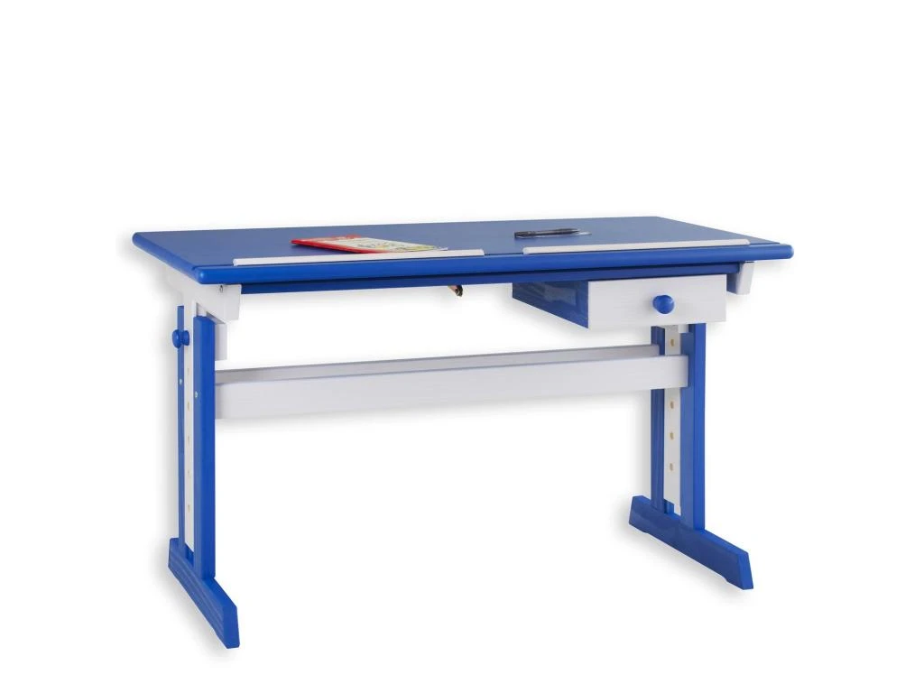 Bureau Enfant écolier Junior FLEXI Table à Dessin Réglable En Hauteur Et Pupitre Inclinable Avec 1 Tiroir En Pin Lasuré Blanc Bleu – Image 3