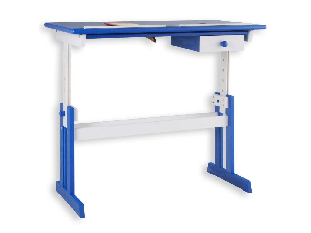 Bureau Enfant écolier Junior FLEXI Table à Dessin Réglable En Hauteur Et Pupitre Inclinable Avec 1 Tiroir En Pin Lasuré Blanc Bleu – Image 4
