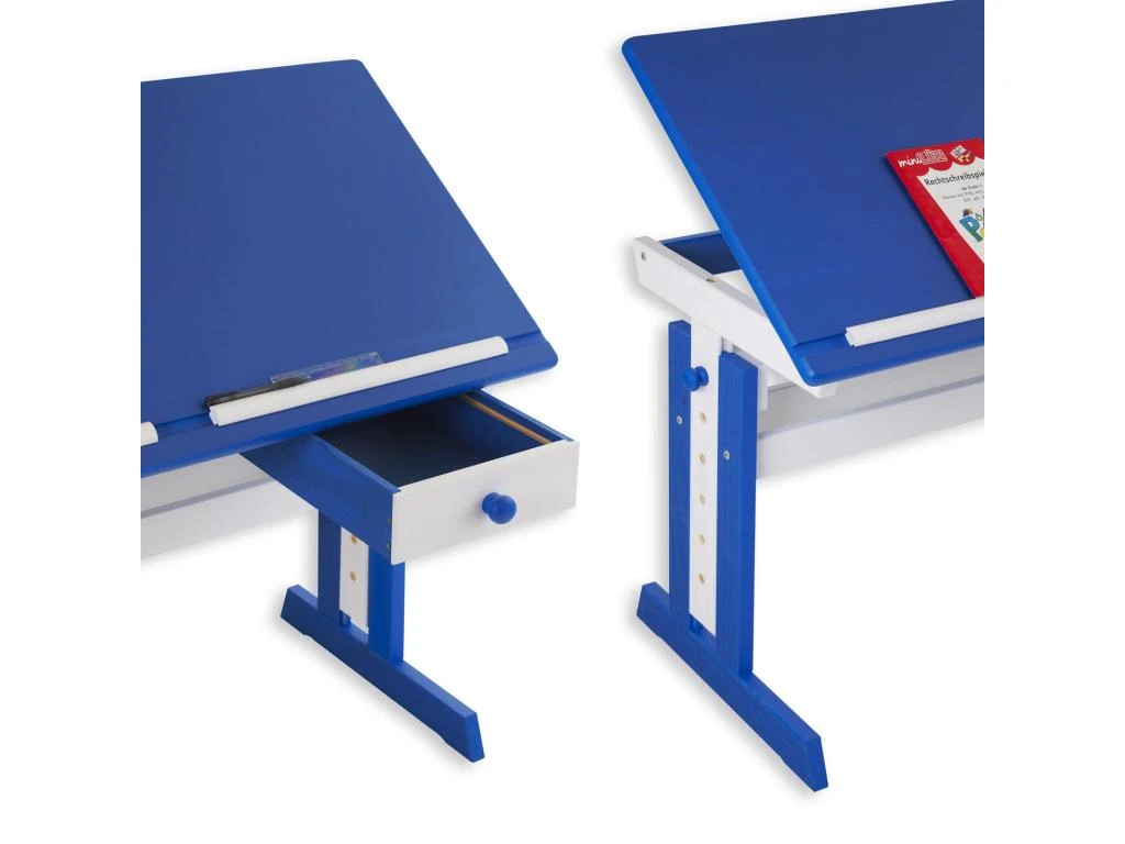 Bureau Enfant écolier Junior FLEXI Table à Dessin Réglable En Hauteur Et Pupitre Inclinable Avec 1 Tiroir En Pin Lasuré Blanc Bleu – Image 5