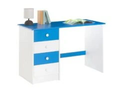 Bureau ARNE Pour Enfant Ou Adulte Multi Rangements, Avec 4 Tiroirs, En Pin Massif Lasuré Blanc Et Bleu