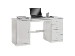 Bureau Multi Rangements Pin Massif Lasuré Blanc
