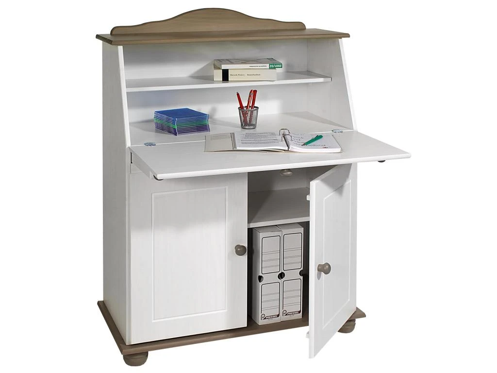 Bureau Secrétaire DAVID Avec Abattant Rangement Plusieurs étagères 2 Portes Plan De Travail Rabattable, En Pin Massif Taupe Et Blanc