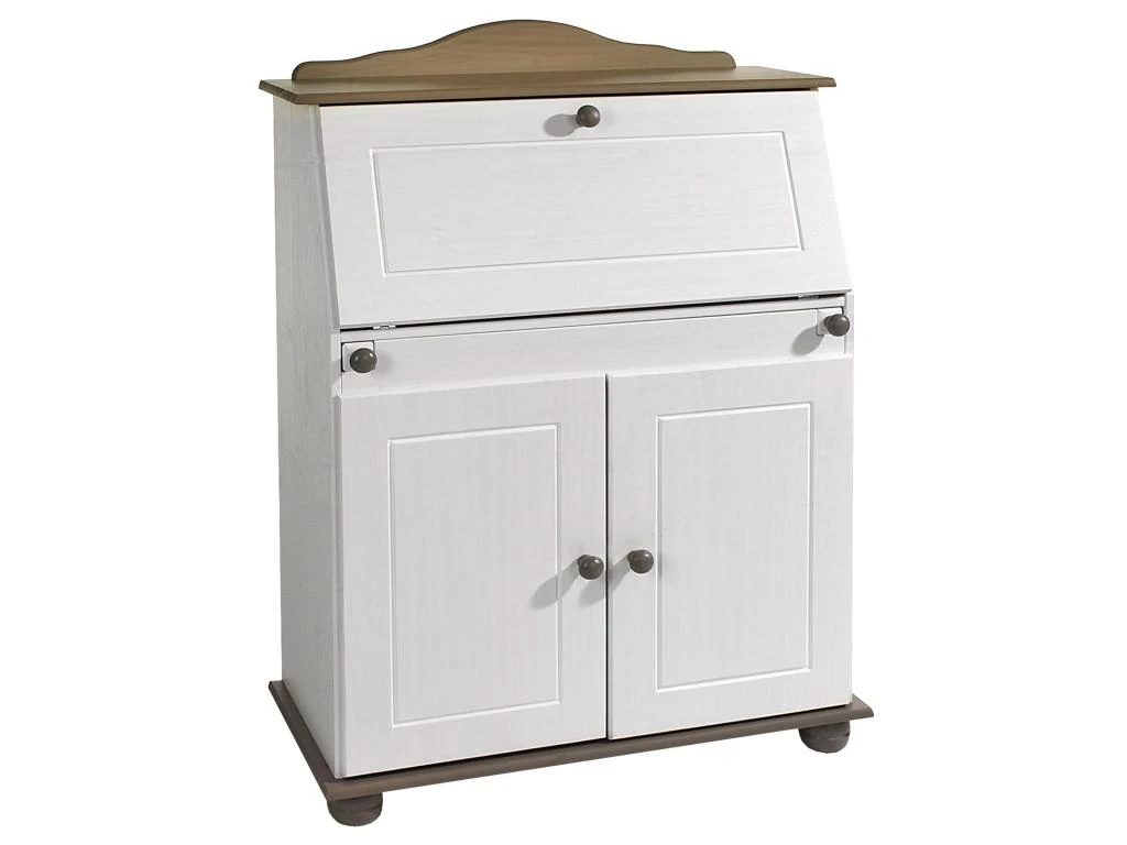 Bureau Secrétaire DAVID Avec Abattant Rangement Plusieurs étagères 2 Portes Plan De Travail Rabattable, En Pin Massif Taupe Et Blanc – Image 2