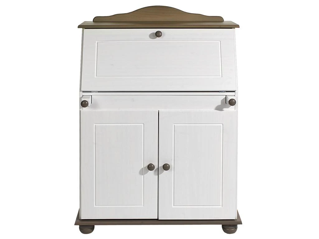 Bureau Secrétaire DAVID Avec Abattant Rangement Plusieurs étagères 2 Portes Plan De Travail Rabattable, En Pin Massif Taupe Et Blanc – Image 3