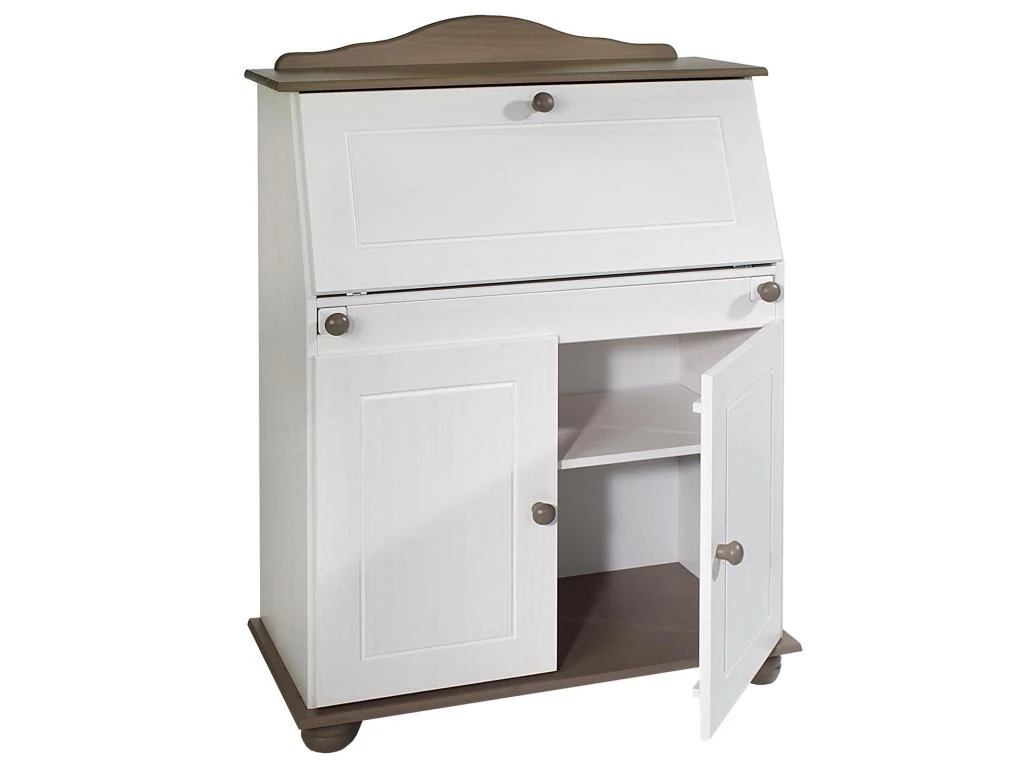 Bureau Secrétaire DAVID Avec Abattant Rangement Plusieurs étagères 2 Portes Plan De Travail Rabattable, En Pin Massif Taupe Et Blanc – Image 4