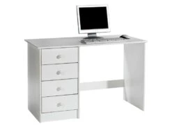 Bureau ARNE Pour Enfant Ou Adulte Multi Rangements, Avec 4 Tiroirs, En Pin Massif Lasuré Blanc