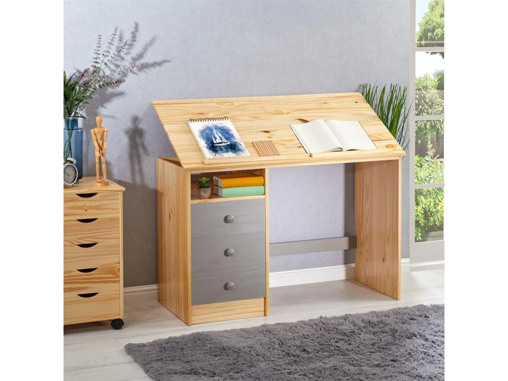 Bureau Enfant écolier Junior KEVIN Pupitre Inclinable Avec 3 Tiroirs 1 Casier En Pin Massif Vernis Naturel Et Lasuré Gris – Image 2