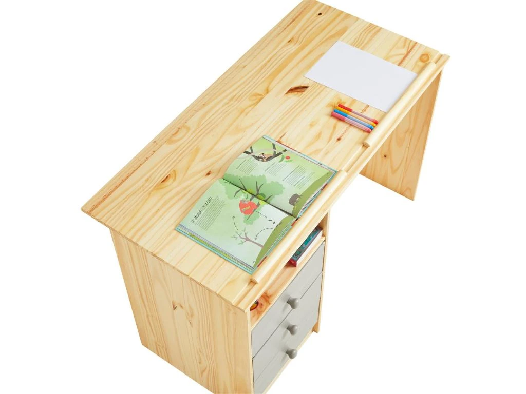 Bureau Enfant écolier Junior KEVIN Pupitre Inclinable Avec 3 Tiroirs 1 Casier En Pin Massif Vernis Naturel Et Lasuré Gris – Image 5