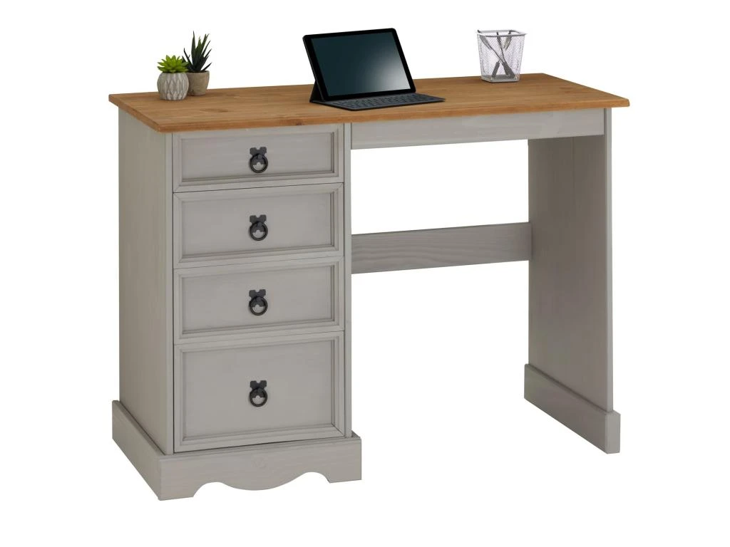 Bureau RAMON Avec Rangement 4 Tiroirs, Style Mexicain, En Pin Massif Lasuré Gris Et Brun