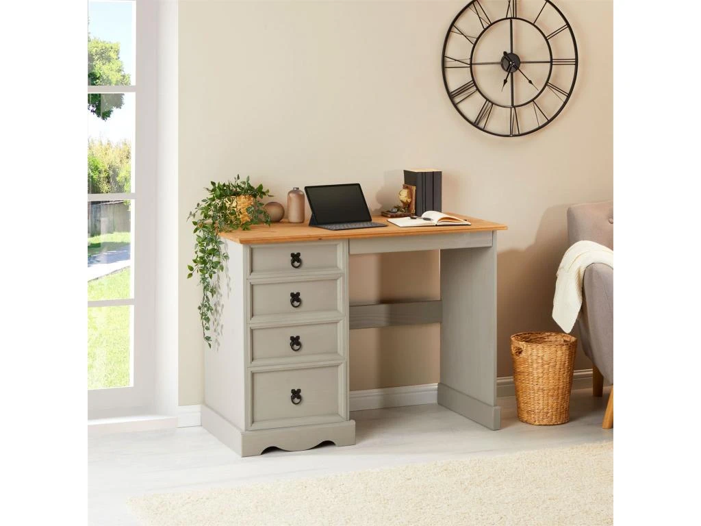 Bureau RAMON Avec Rangement 4 Tiroirs, Style Mexicain, En Pin Massif Lasuré Gris Et Brun – Image 2