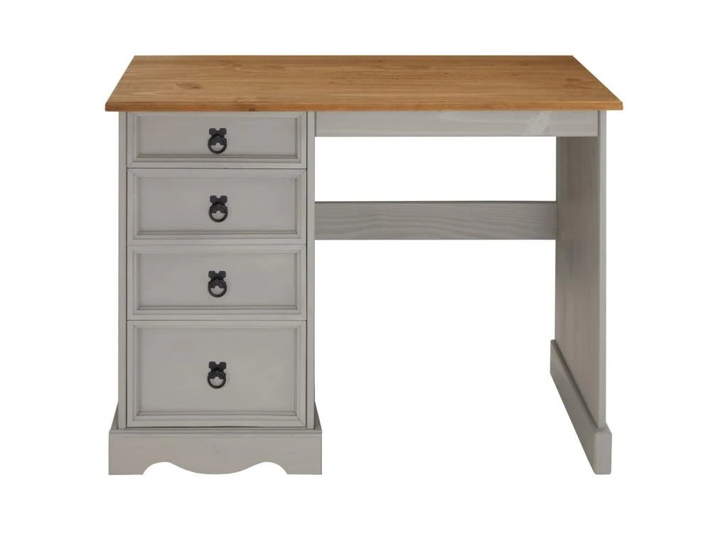 Bureau RAMON Avec Rangement 4 Tiroirs, Style Mexicain, En Pin Massif Lasuré Gris Et Brun – Image 3