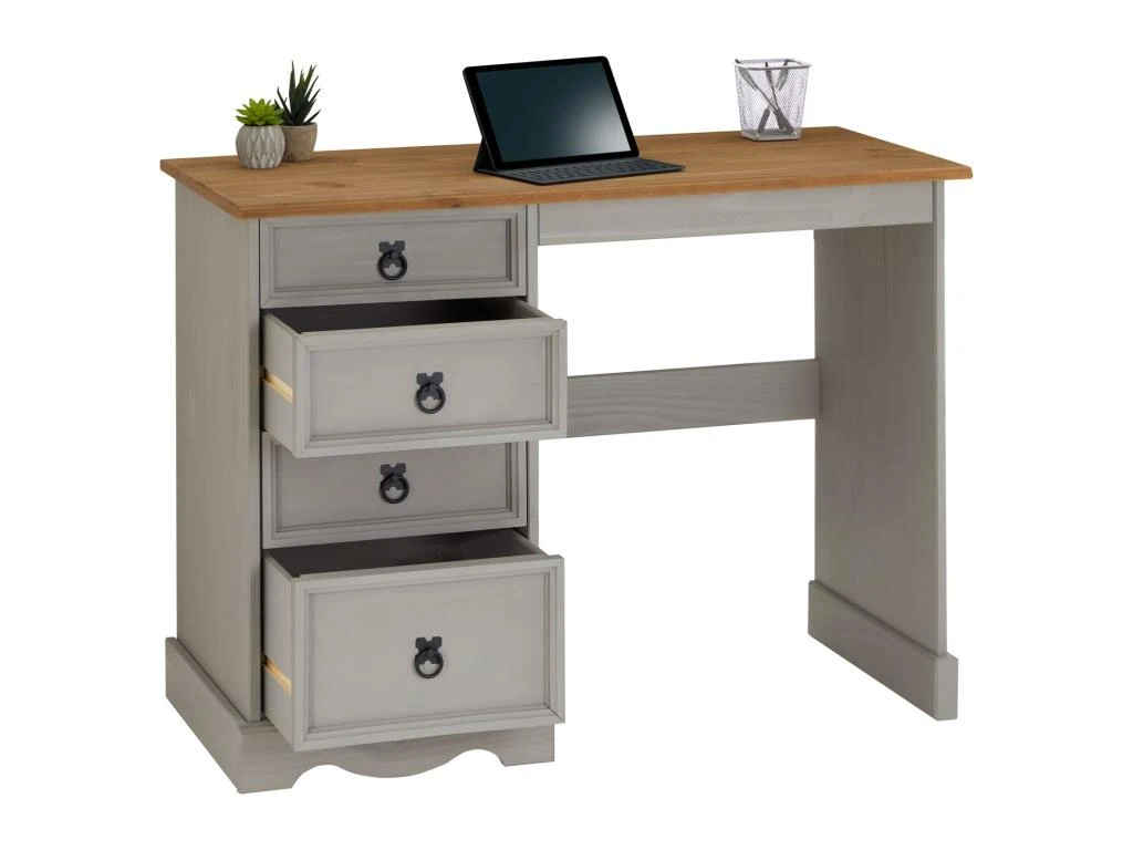 Bureau RAMON Avec Rangement 4 Tiroirs, Style Mexicain, En Pin Massif Lasuré Gris Et Brun – Image 4