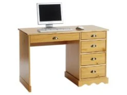 Bureau COLETTE Rangement Avec 5 Tiroirs Et Poignées Coquille, En Pin Massif Lasuré Couleur Miel