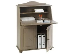 Bureau Secrétaire DAVID Avec Abattant Rangement Plusieurs étagères 2 Portes Et Plan De Travail Rabattable En Pin Massif Lasuré Taupe