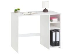 Bureau LIAM Avec Rangement Caisson Avec 2 étagères Réglables En Hauteur, En Pin Massif Lasuré Blanc