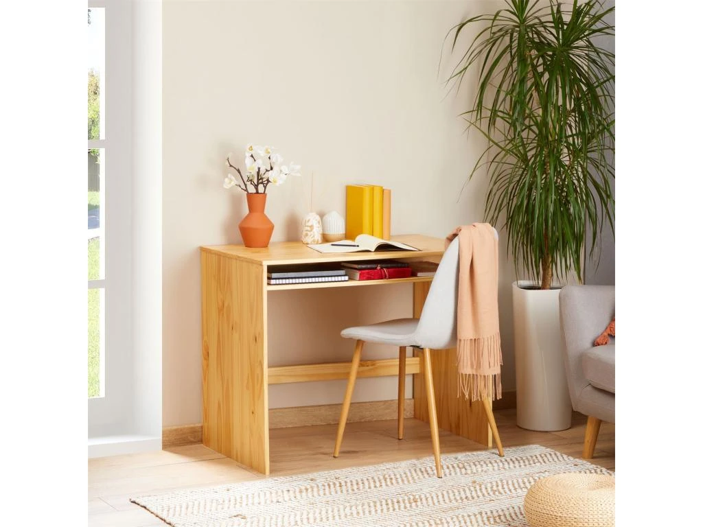 Bureau ALICE Table De Travail Avec 1 Niche De Rangement Sous Le Plateau, En Pin Massif Recouvert D'un Vernis Naturel – Image 2