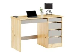Bureau HUGO Avec Rangement 5 Tiroirs Style Scandinave En Pin Massif Vernis Naturel Et Lasuré Gris