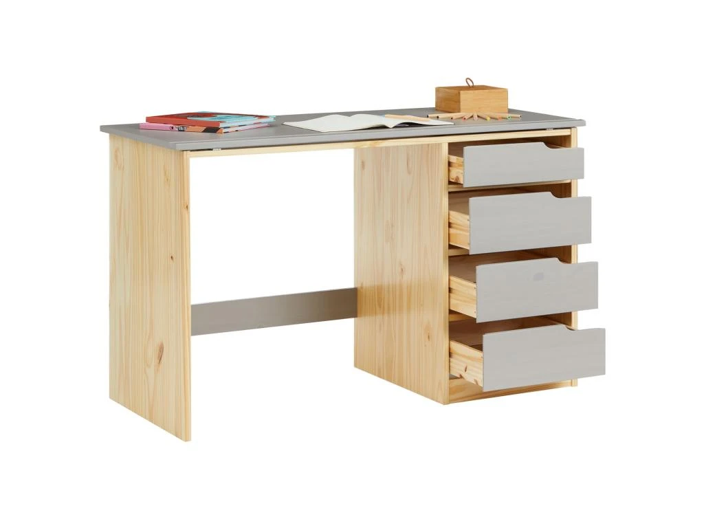Bureau Enfant écolier Junior EMMA Pupitre Inclinable Avec 4 Tiroirs En Pin Massif, Naturel Et Lasuré Gris – Image 4