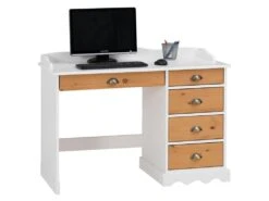 Bureau COLETTE Rangement Avec 5 Tiroirs Et Plateau Avec Corniche, En Pin Massif Lasuré Blanc Et Brun