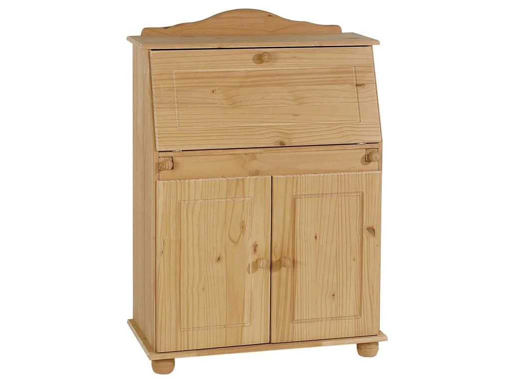 Bureau Secrétaire DAVID Avec Abattant Rangement Plusieurs étagères 2 Portes Plan De Travail Rabattable, En Pin Massif Teinté Et Ciré – Image 2