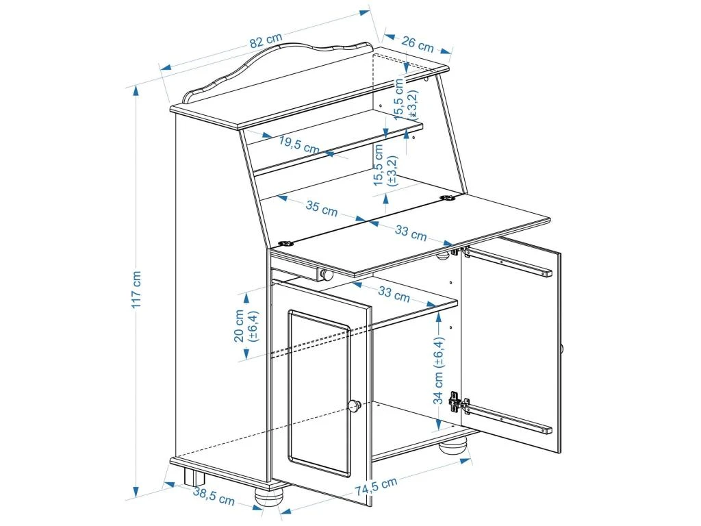 Bureau Secrétaire DAVID Avec Abattant Rangement Plusieurs étagères 2 Portes Plan De Travail Rabattable, En Pin Massif Teinté Et Ciré – Image 5