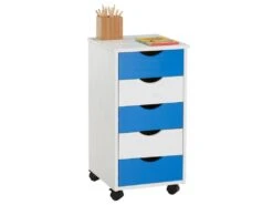 Caisson De Bureau LAGOS Meuble De Rangement Sur Roulettes Avec 5 Tiroirs, En Pin Massif Lasuré Blanc Et Bleu