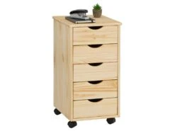 Caisson De Bureau LAGOS Meuble De Rangement Sur Roulettes Avec 5 Tiroirs, En Pin Massif Finition Vernis Naturel