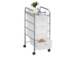 Caisson Sur Roulettes SANO Chariot Avec 4 Tiroirs En Plastique Blanc Transparent Et 1 étagère, Rangement Salle De Bain Métal Chromé