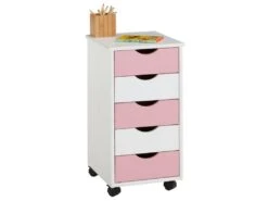Caisson De Bureau LAGOS Meuble De Rangement Sur Roulettes Avec 5 Tiroirs, En Pin Massif Lasuré Blanc Et Rose