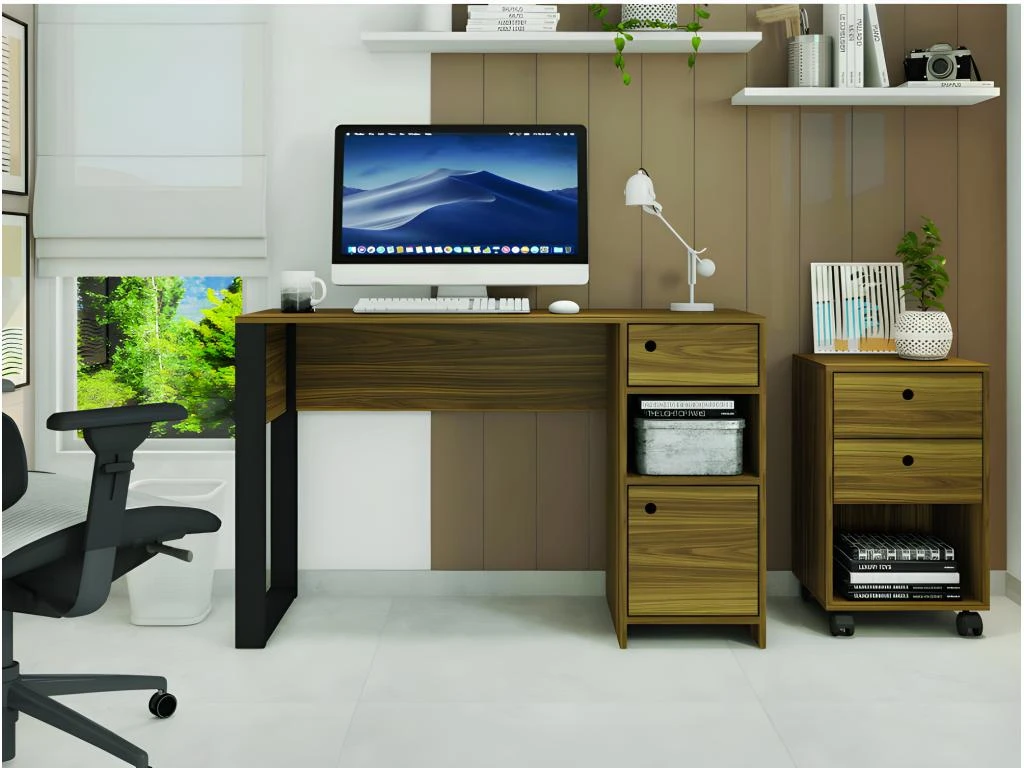 Bureau Gamer 1 Caisson 1 Pied Ouvert Noyer – Image 2