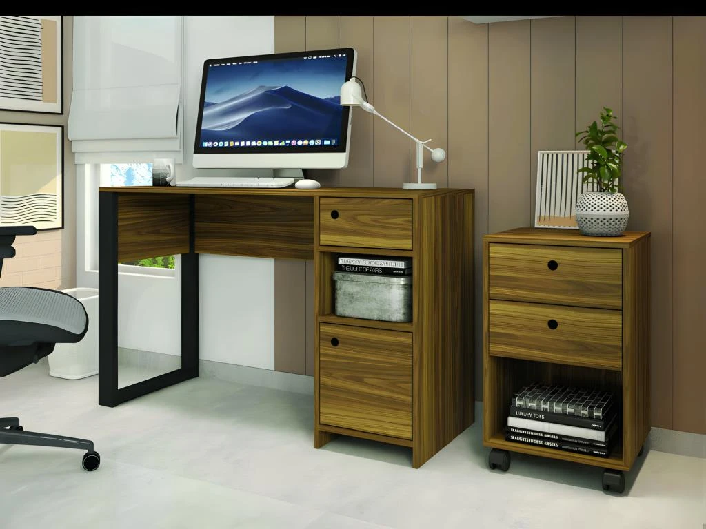 Bureau Gamer 1 Caisson 1 Pied Ouvert Noyer – Image 4