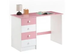 Bureau ARNE Pour Enfant Ou Adulte Multi Rangements, Avec 4 Tiroirs, En Pin Massif Lasuré Blanc Et Rose