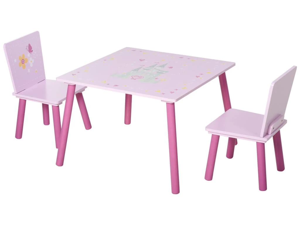 Ensemble Table Et Chaises Enfant Design Princesse Motif Château Bois Pin MDF Rose – Image 2