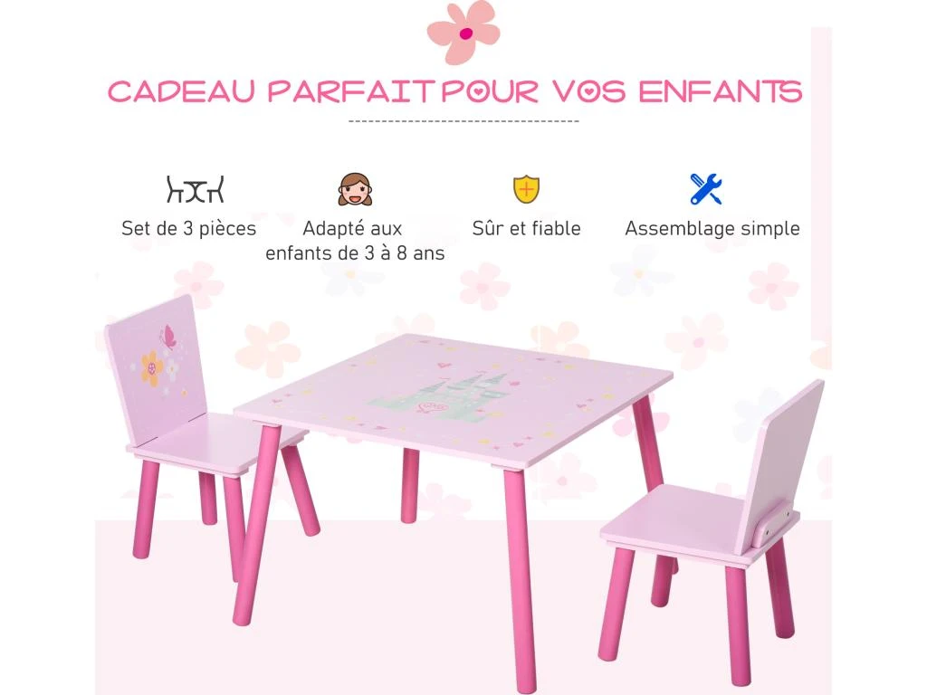 Ensemble Table Et Chaises Enfant Design Princesse Motif Château Bois Pin MDF Rose – Image 4