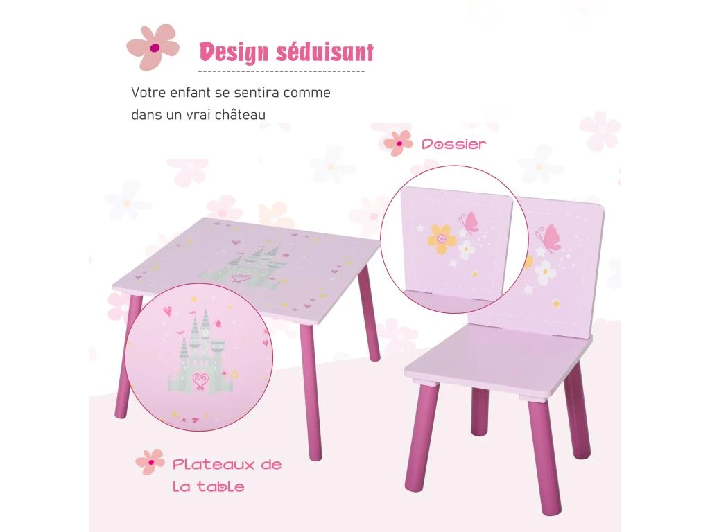 Ensemble Table Et Chaises Enfant Design Princesse Motif Château Bois Pin MDF Rose – Image 5